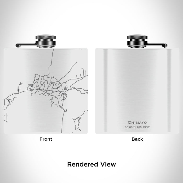 Rendered View of Chimayó New Mexico Map Engraving on 6oz Stainless Steel Flask in White