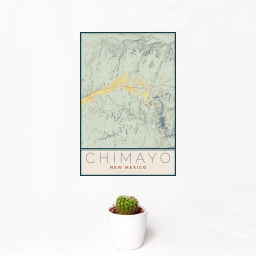 12x18 Chimayó New Mexico Map Print Portrait Orientation in Woodblock Style With Small Cactus Plant in White Planter