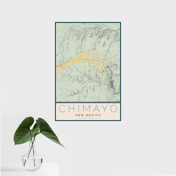 16x24 Chimayó New Mexico Map Print Portrait Orientation in Woodblock Style With Tropical Plant Leaves in Water