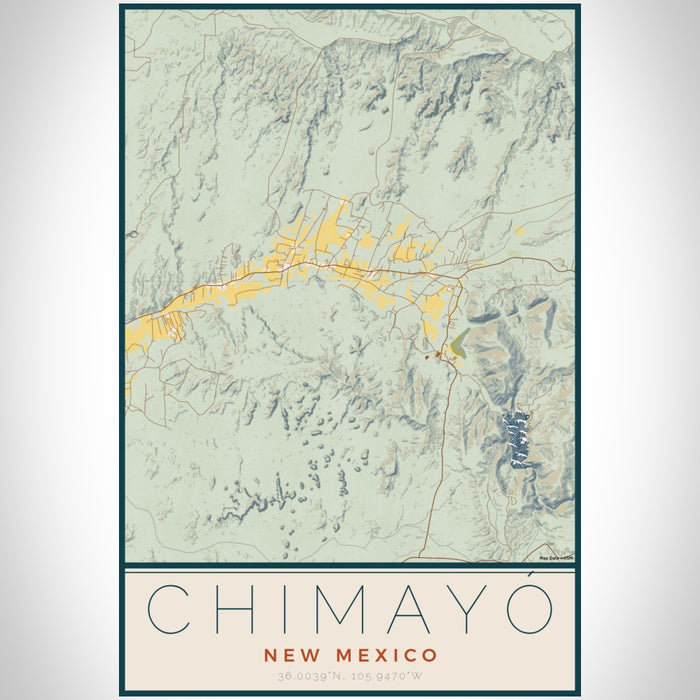 Chimayó New Mexico Map Print Portrait Orientation in Woodblock Style With Shaded Background