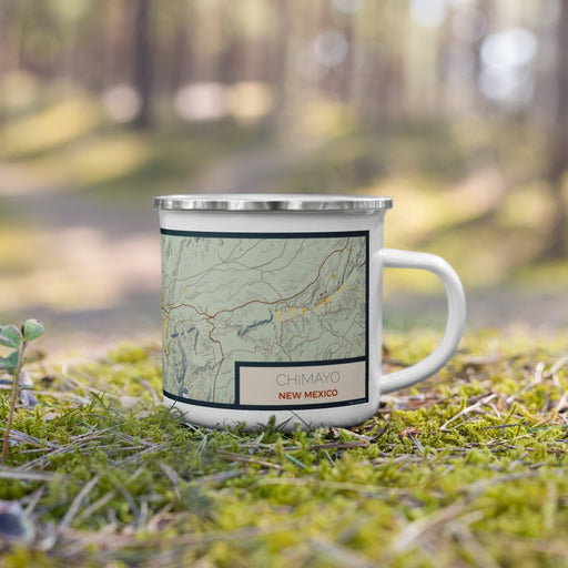 Right View Custom Chimayo New Mexico Map Enamel Mug in Woodblock on Grass With Trees in Background
