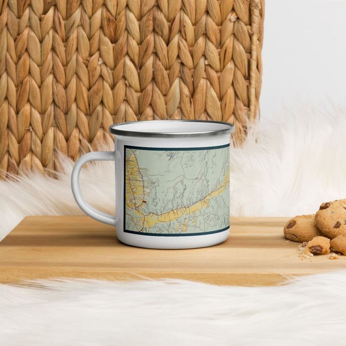 Left View Custom Chimayo New Mexico Map Enamel Mug in Woodblock on Table Top