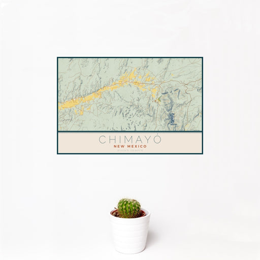 12x18 Chimayó New Mexico Map Print Landscape Orientation in Woodblock Style With Small Cactus Plant in White Planter
