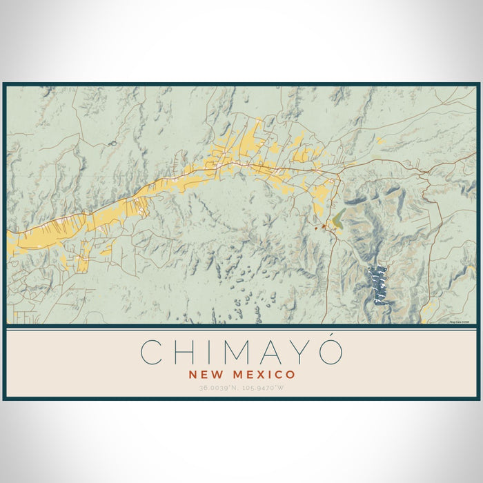 Chimayó New Mexico Map Print Landscape Orientation in Woodblock Style With Shaded Background