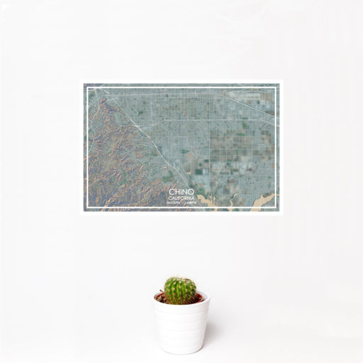 12x18 Chino California Map Print Landscape Orientation in Afternoon Style With Small Cactus Plant in White Planter