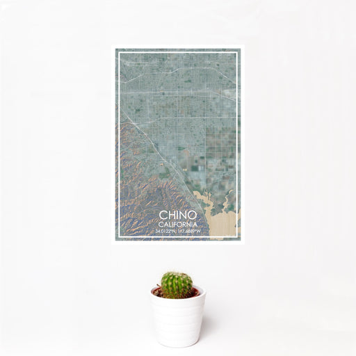 12x18 Chino California Map Print Portrait Orientation in Afternoon Style With Small Cactus Plant in White Planter