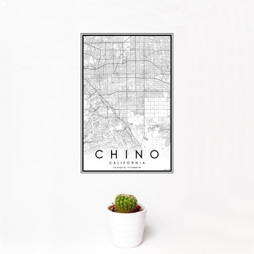 12x18 Chino California Map Print Portrait Orientation in Classic Style With Small Cactus Plant in White Planter