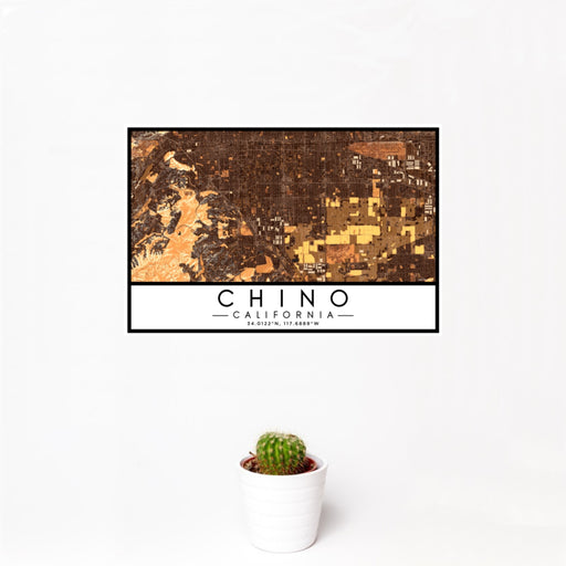 12x18 Chino California Map Print Landscape Orientation in Ember Style With Small Cactus Plant in White Planter