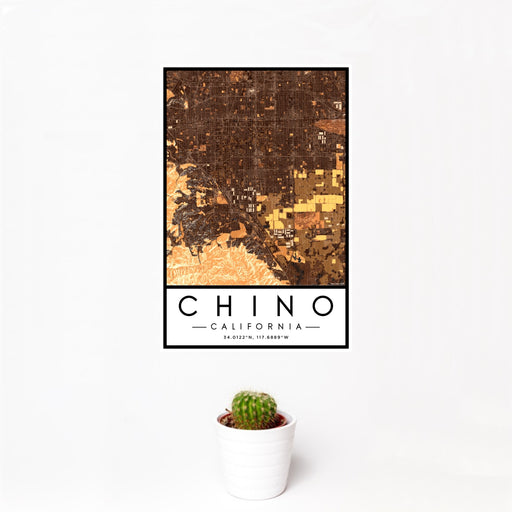 12x18 Chino California Map Print Portrait Orientation in Ember Style With Small Cactus Plant in White Planter