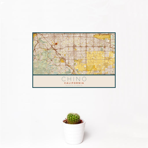 12x18 Chino California Map Print Landscape Orientation in Woodblock Style With Small Cactus Plant in White Planter