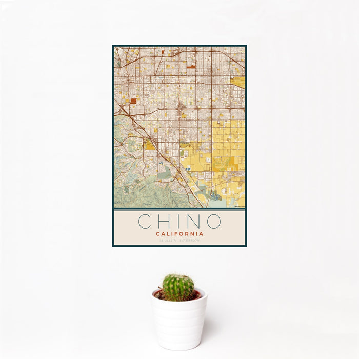 12x18 Chino California Map Print Portrait Orientation in Woodblock Style With Small Cactus Plant in White Planter