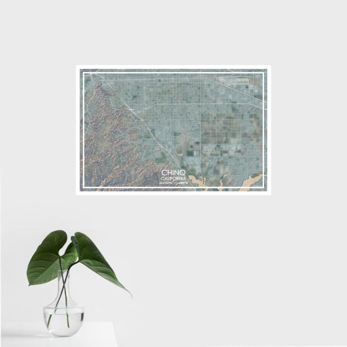 16x24 Chino California Map Print Landscape Orientation in Afternoon Style With Tropical Plant Leaves in Water