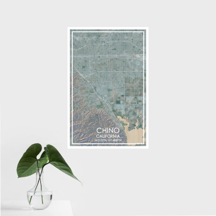 16x24 Chino California Map Print Portrait Orientation in Afternoon Style With Tropical Plant Leaves in Water