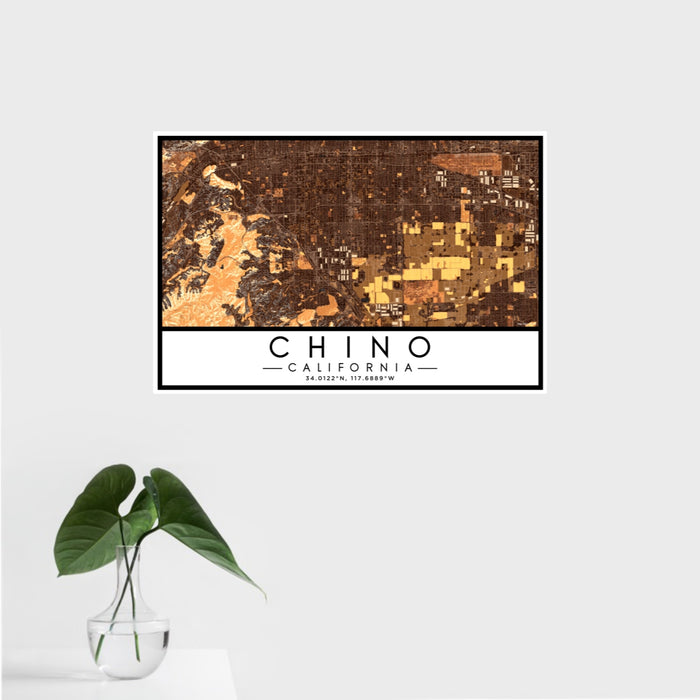 16x24 Chino California Map Print Landscape Orientation in Ember Style With Tropical Plant Leaves in Water