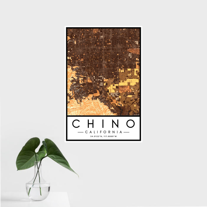 16x24 Chino California Map Print Portrait Orientation in Ember Style With Tropical Plant Leaves in Water