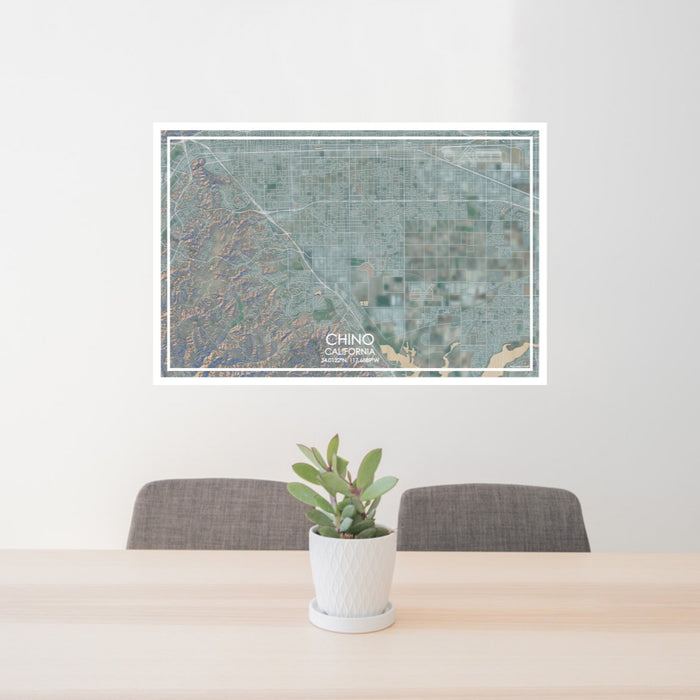 24x36 Chino California Map Print Lanscape Orientation in Afternoon Style Behind 2 Chairs Table and Potted Plant