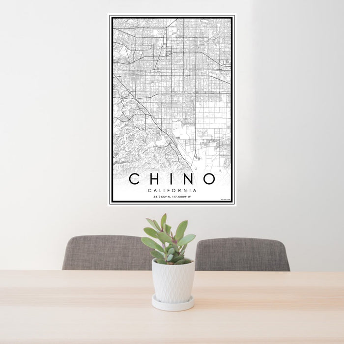 24x36 Chino California Map Print Portrait Orientation in Classic Style Behind 2 Chairs Table and Potted Plant