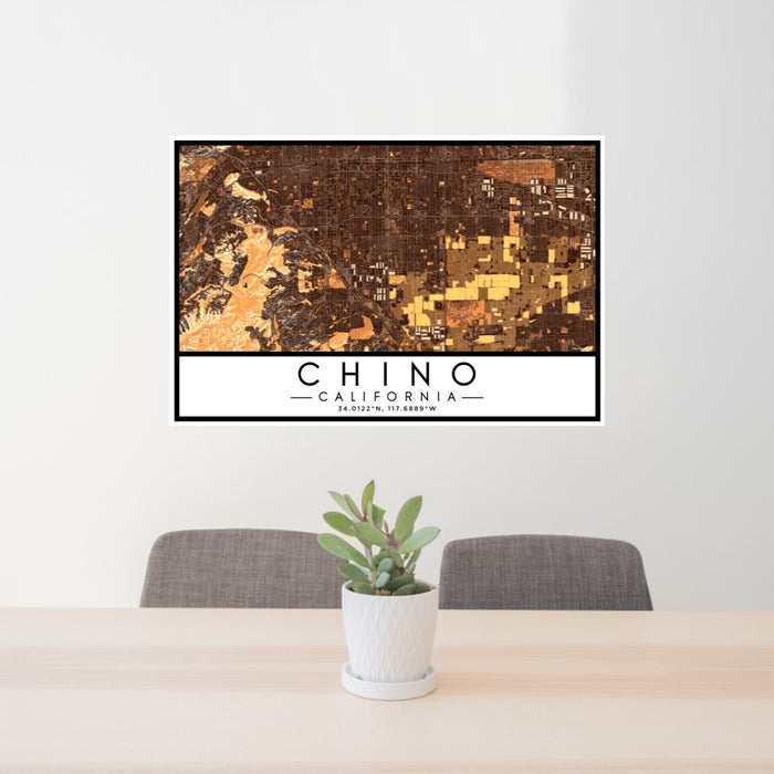 24x36 Chino California Map Print Lanscape Orientation in Ember Style Behind 2 Chairs Table and Potted Plant
