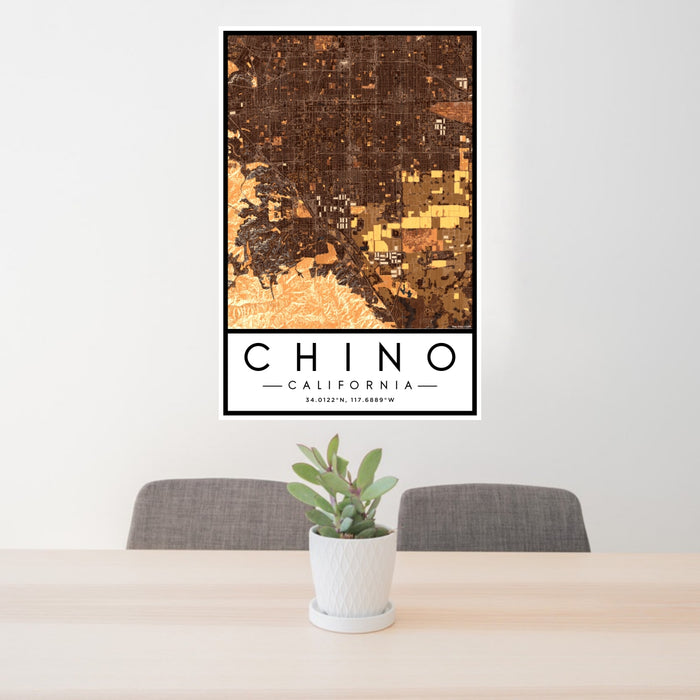 24x36 Chino California Map Print Portrait Orientation in Ember Style Behind 2 Chairs Table and Potted Plant