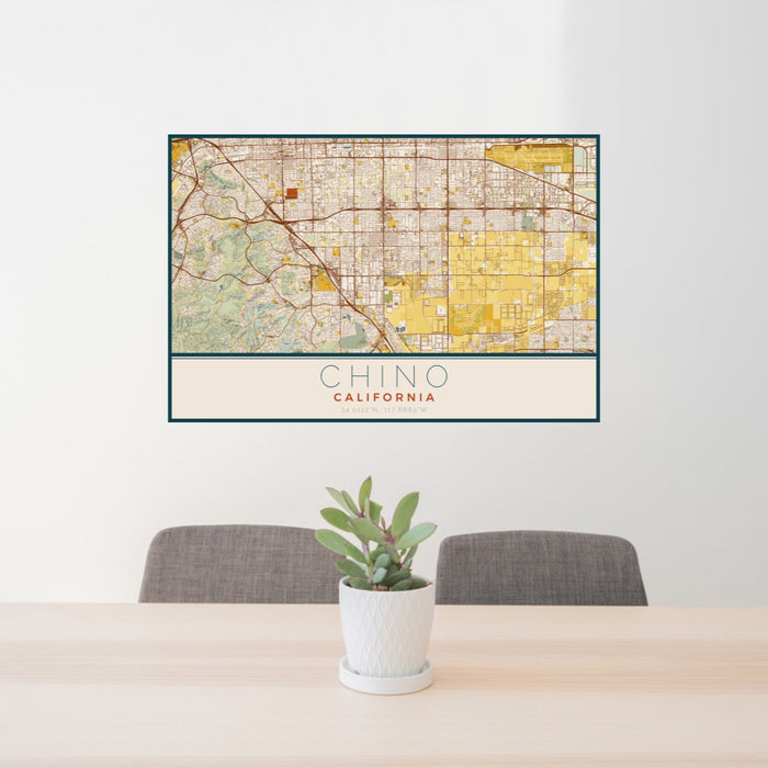 24x36 Chino California Map Print Lanscape Orientation in Woodblock Style Behind 2 Chairs Table and Potted Plant