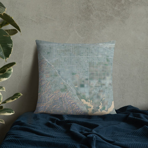 Custom Chino California Map Throw Pillow in Afternoon on Bedding Against Wall