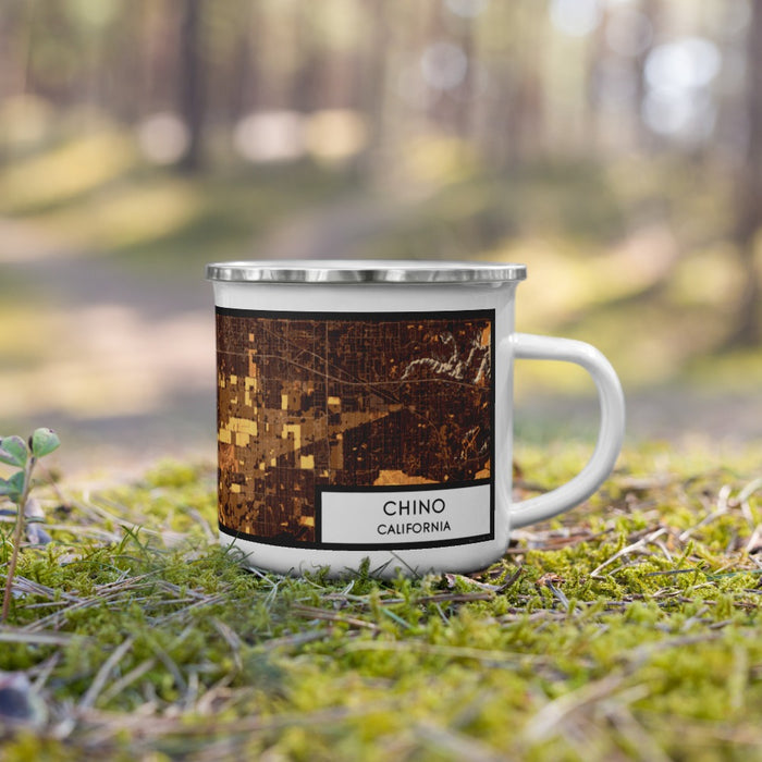 Right View Custom Chino California Map Enamel Mug in Ember on Grass With Trees in Background