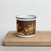 Front View Custom Chino California Map Enamel Mug in Ember on Cutting Board