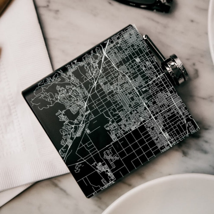 Chino California Custom Engraved City Map Inscription Coordinates on 6oz Stainless Steel Flask in Black