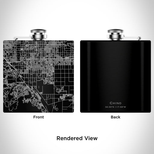 Rendered View of Chino California Map Engraving on 6oz Stainless Steel Flask in Black