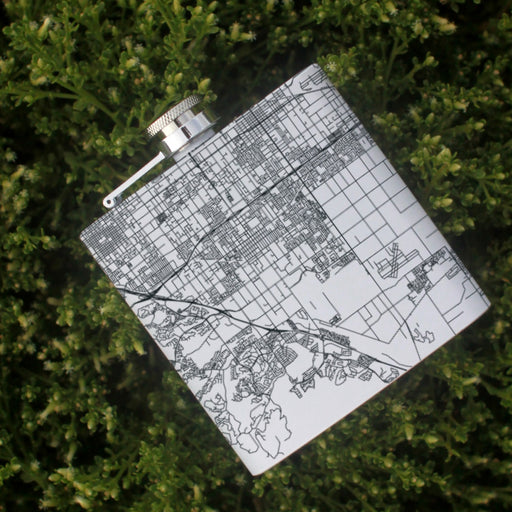 Chino California Custom Engraved City Map Inscription Coordinates on 6oz Stainless Steel Flask in White
