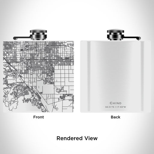 Rendered View of Chino California Map Engraving on 6oz Stainless Steel Flask in White