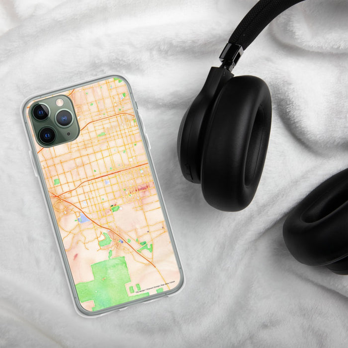 Custom Chino California Map Phone Case in Watercolor on Table with Black Headphones
