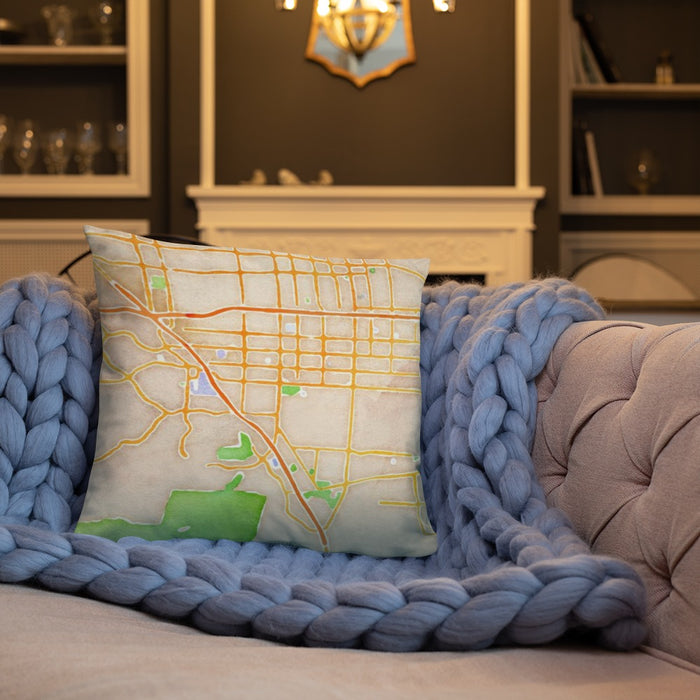 Custom Chino California Map Throw Pillow in Watercolor on Cream Colored Couch