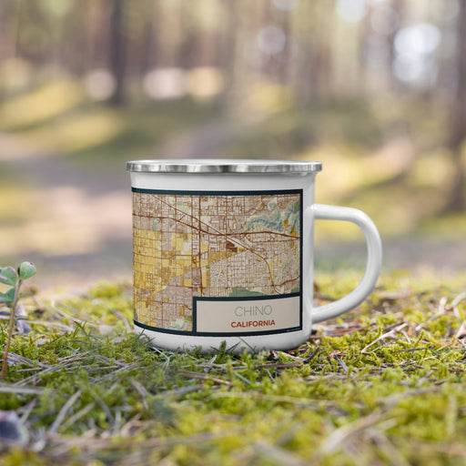 Right View Custom Chino California Map Enamel Mug in Woodblock on Grass With Trees in Background