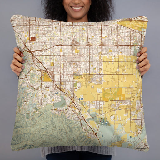 Person holding 22x22 Custom Chino California Map Throw Pillow in Woodblock