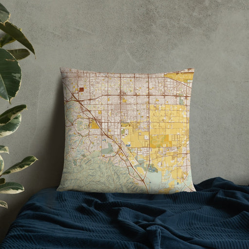 Custom Chino California Map Throw Pillow in Woodblock on Bedding Against Wall
