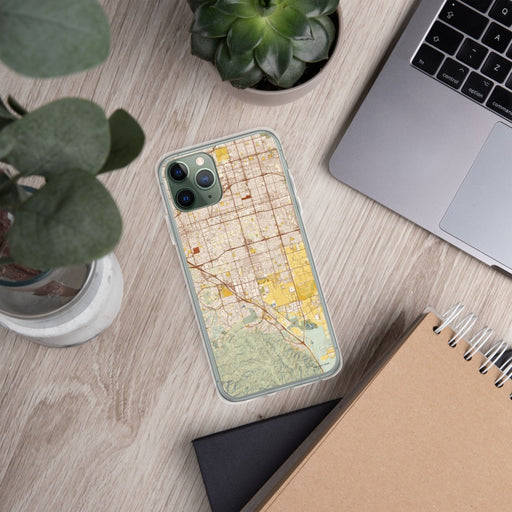 Custom Chino California Map Phone Case in Woodblock on Table with Laptop and Plant