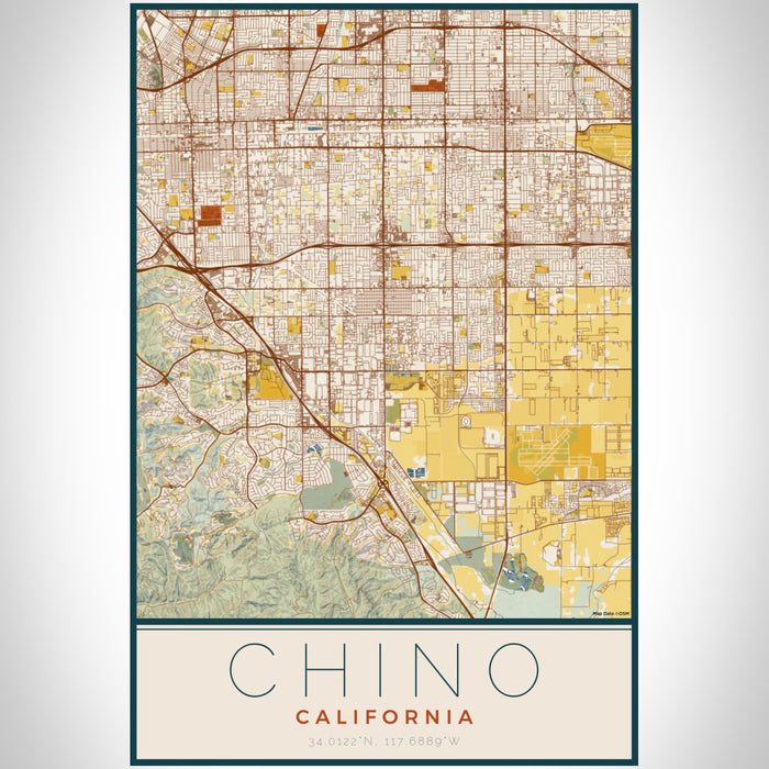 Chino California Map Print Portrait Orientation in Woodblock Style With Shaded Background
