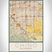 Chino California Map Print Portrait Orientation in Woodblock Style With Shaded Background