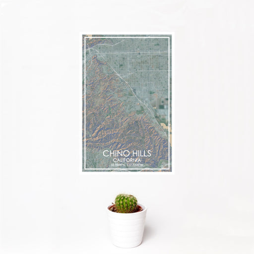 12x18 Chino Hills California Map Print Portrait Orientation in Afternoon Style With Small Cactus Plant in White Planter