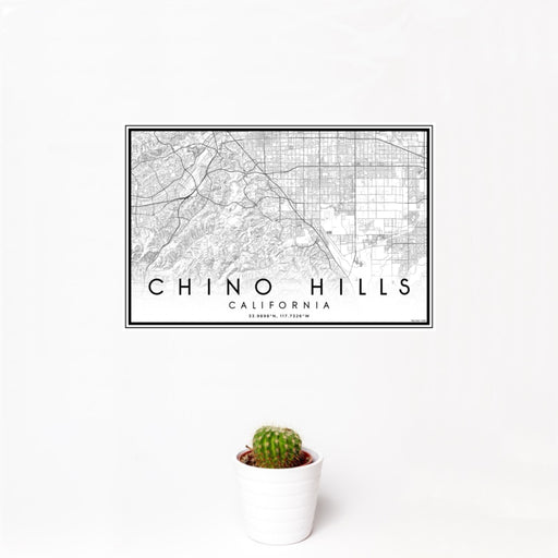 12x18 Chino Hills California Map Print Landscape Orientation in Classic Style With Small Cactus Plant in White Planter