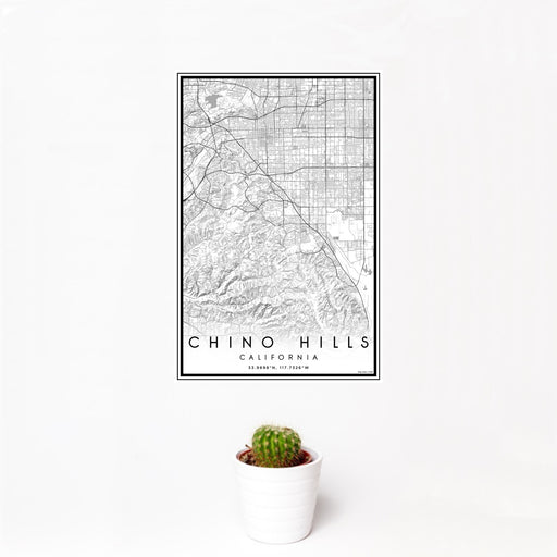 12x18 Chino Hills California Map Print Portrait Orientation in Classic Style With Small Cactus Plant in White Planter