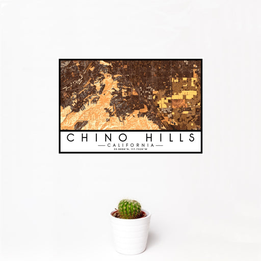 12x18 Chino Hills California Map Print Landscape Orientation in Ember Style With Small Cactus Plant in White Planter