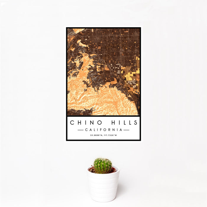 12x18 Chino Hills California Map Print Portrait Orientation in Ember Style With Small Cactus Plant in White Planter