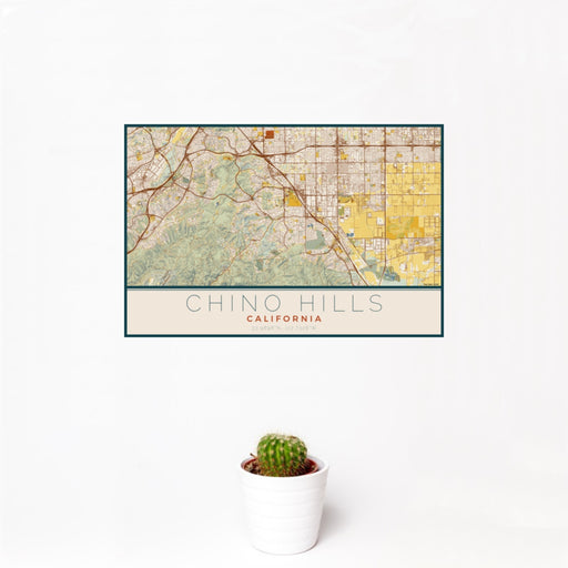 12x18 Chino Hills California Map Print Landscape Orientation in Woodblock Style With Small Cactus Plant in White Planter