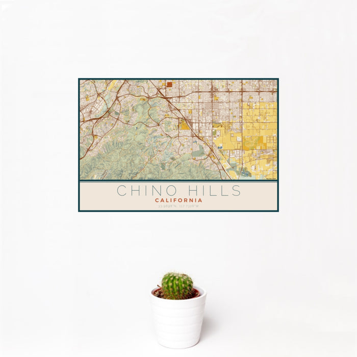 12x18 Chino Hills California Map Print Landscape Orientation in Woodblock Style With Small Cactus Plant in White Planter