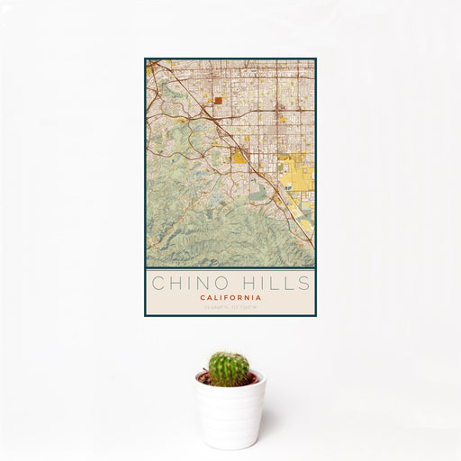 12x18 Chino Hills California Map Print Portrait Orientation in Woodblock Style With Small Cactus Plant in White Planter