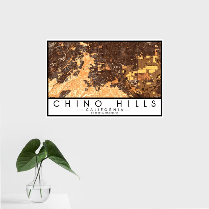 16x24 Chino Hills California Map Print Landscape Orientation in Ember Style With Tropical Plant Leaves in Water