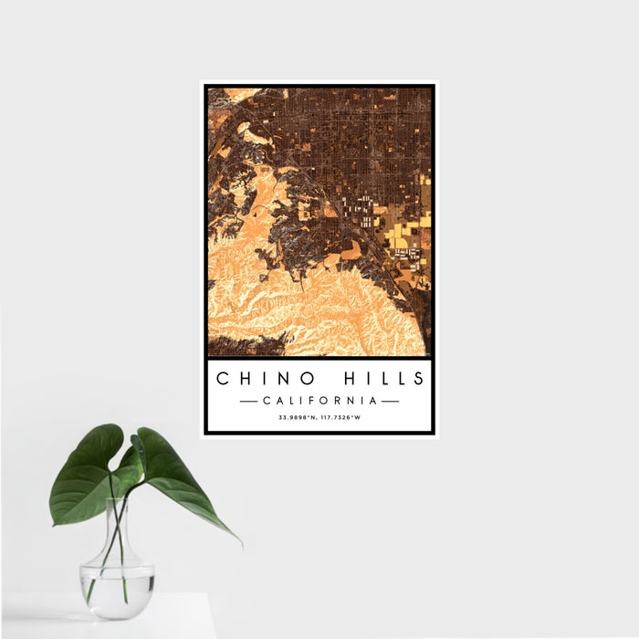 16x24 Chino Hills California Map Print Portrait Orientation in Ember Style With Tropical Plant Leaves in Water