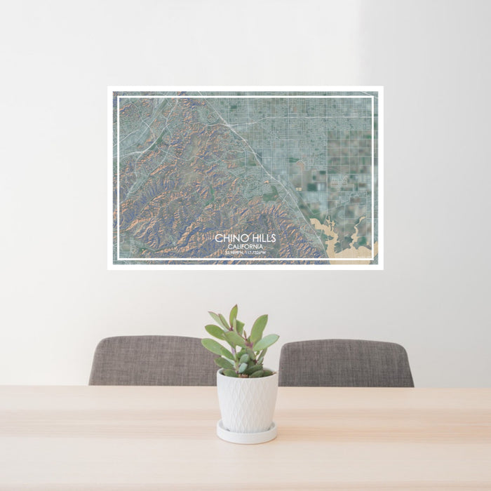 24x36 Chino Hills California Map Print Lanscape Orientation in Afternoon Style Behind 2 Chairs Table and Potted Plant
